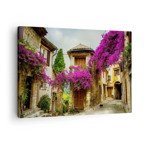 Impression sur toile - Image sur toile - Une rue en pierre avec des fleurs roses et des maisons - 70x50cm - Sous un dais fleuri - Décoration murale moderne pour le salon et la chambre ARTTOR