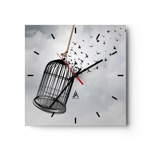 Horloge murale - Pendule murale - Des oiseaux s'envolent d'une cage dans le ciel - 30x30cm - Foie...Espoir...Liberté! - Décoration murale moderne pour le salon et la chambre ARTTOR