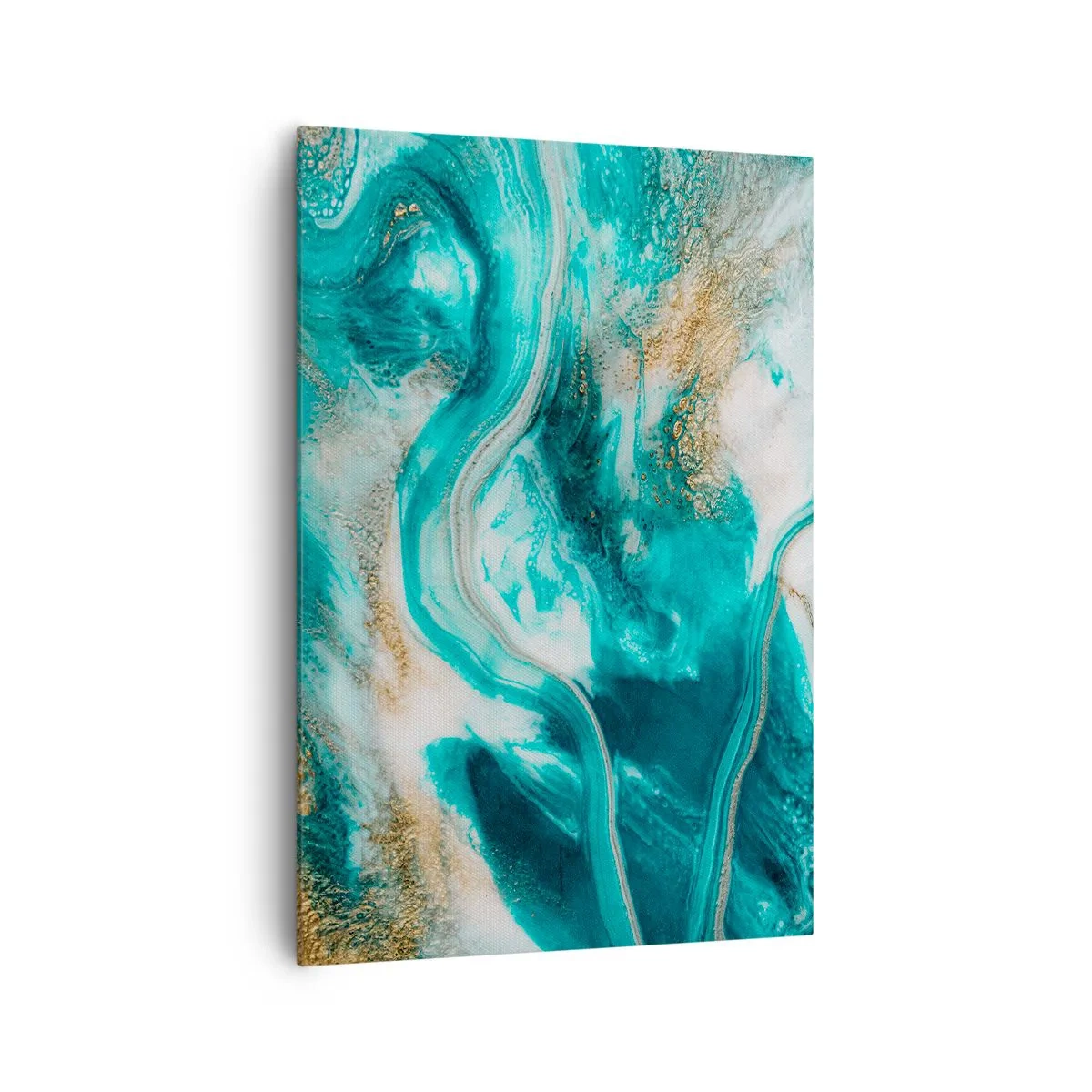 Impression sur toile - Image sur toile - Abstraction turquoise avec des accents blancs et dorés - 70x100cm - Rivière d'or - Décoration murale moderne pour le salon et la chambre ARTTOR