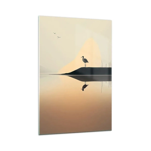 Impression sur verre - Image sur verre - Un oiseau sur une île dans un lac calme aux teintes chaudes - 70x100cm - Le seigneur du lac - Décoration murale moderne pour le salon et la chambre ARTTOR