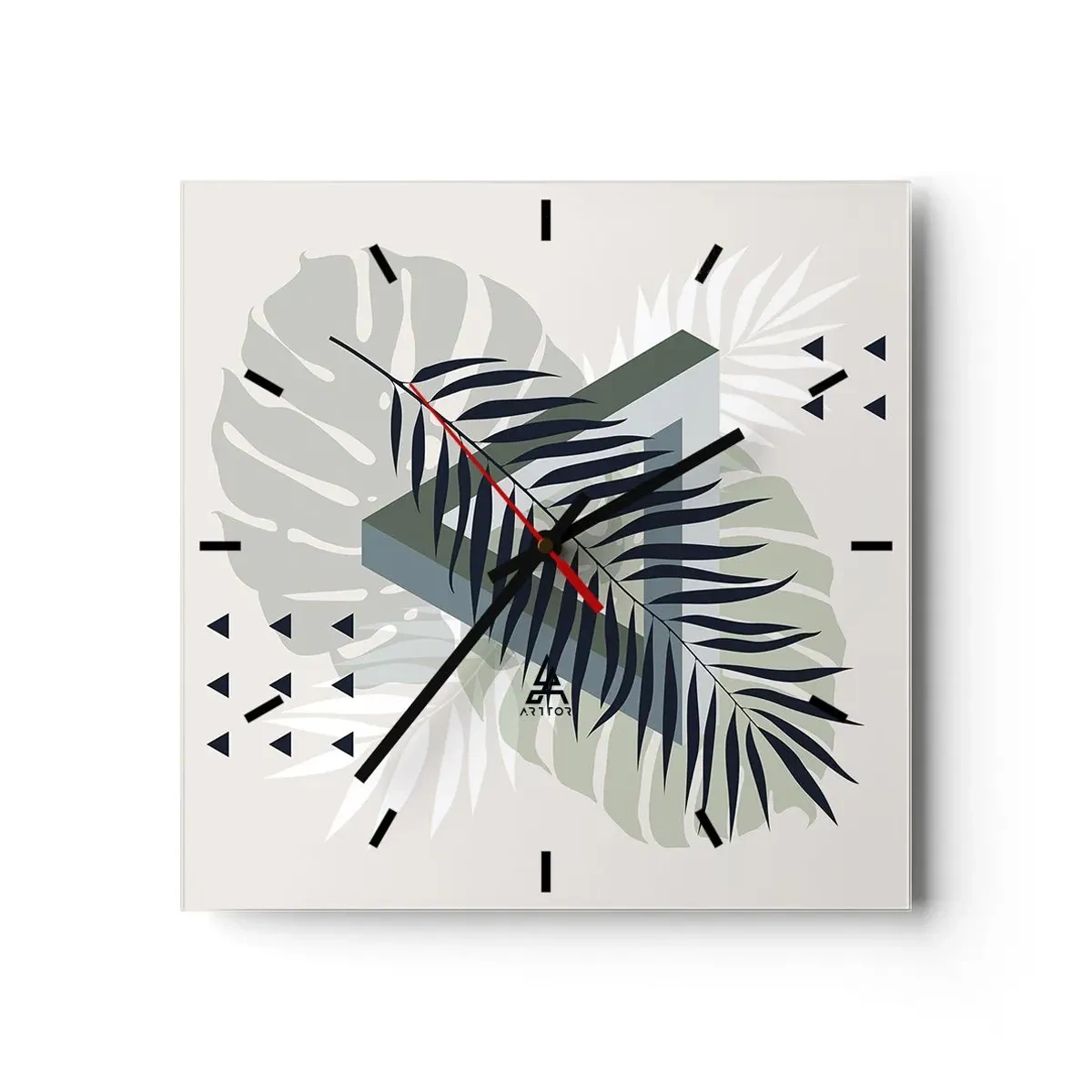 Horloge murale - Pendule murale - Composition géométrique avec des feuilles tropicales dans des tons verts - 30x30cm - Nature et géométrie - deux odres? - Décoration murale moderne pour le salon et la chambre ARTTOR