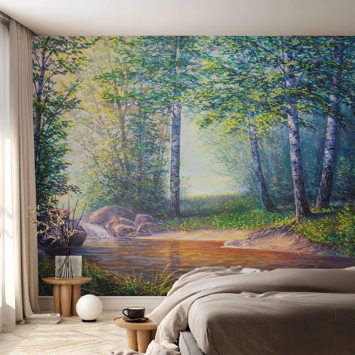 Papier Peint Photo Premium Sand - Un paysage forestier pittoresque avec une rivière et des bouleaux - 100x70cm - Paysage idyllique - Décoration murale moderne pour le salon et la chambre ARTTOR