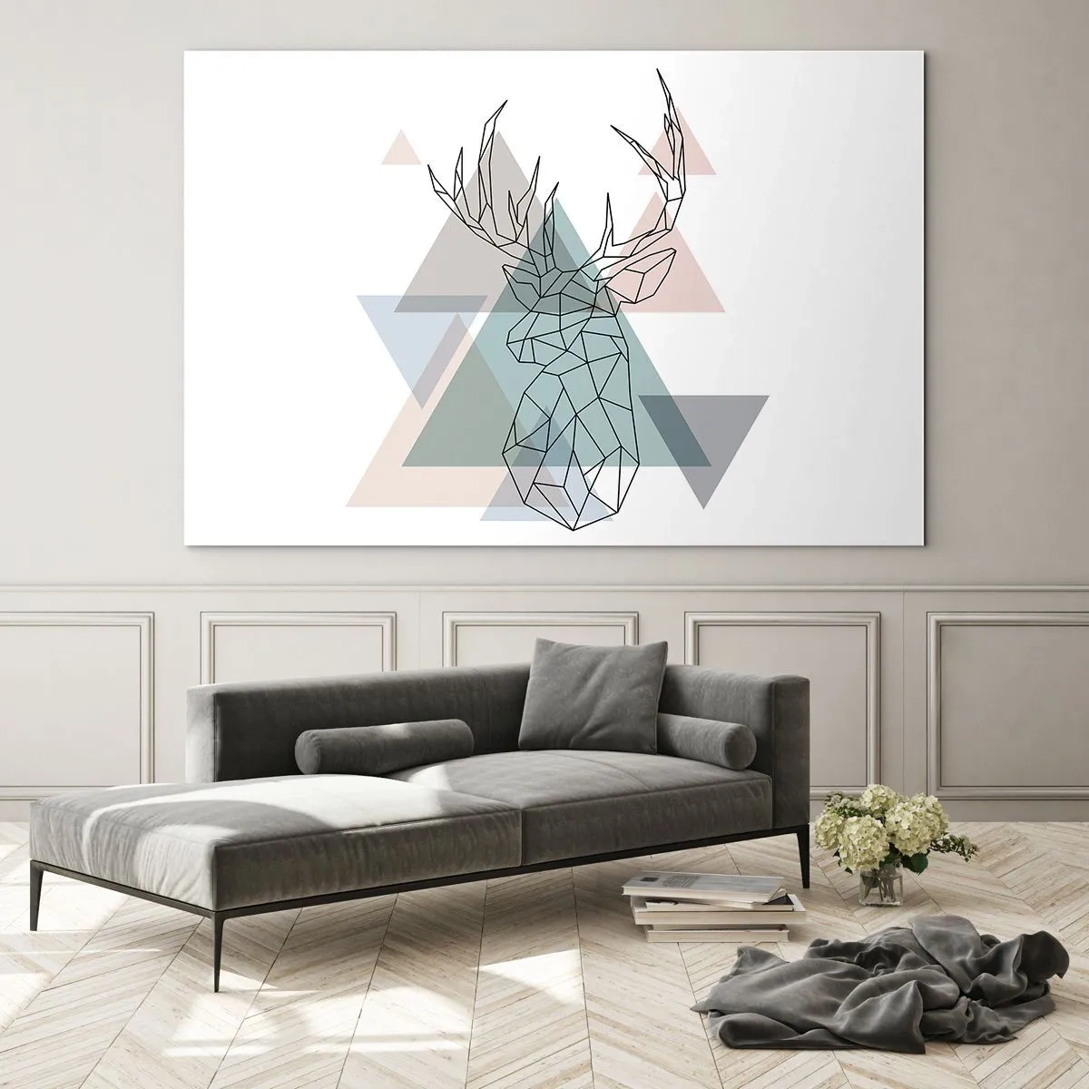 Impression sur verre - Image sur verre - Dessin géométrique d'un cerf sur fond de triangles pastel - 70x50cm - Dans une forêt géométrique - Décoration murale moderne pour le salon et la chambre ARTTOR