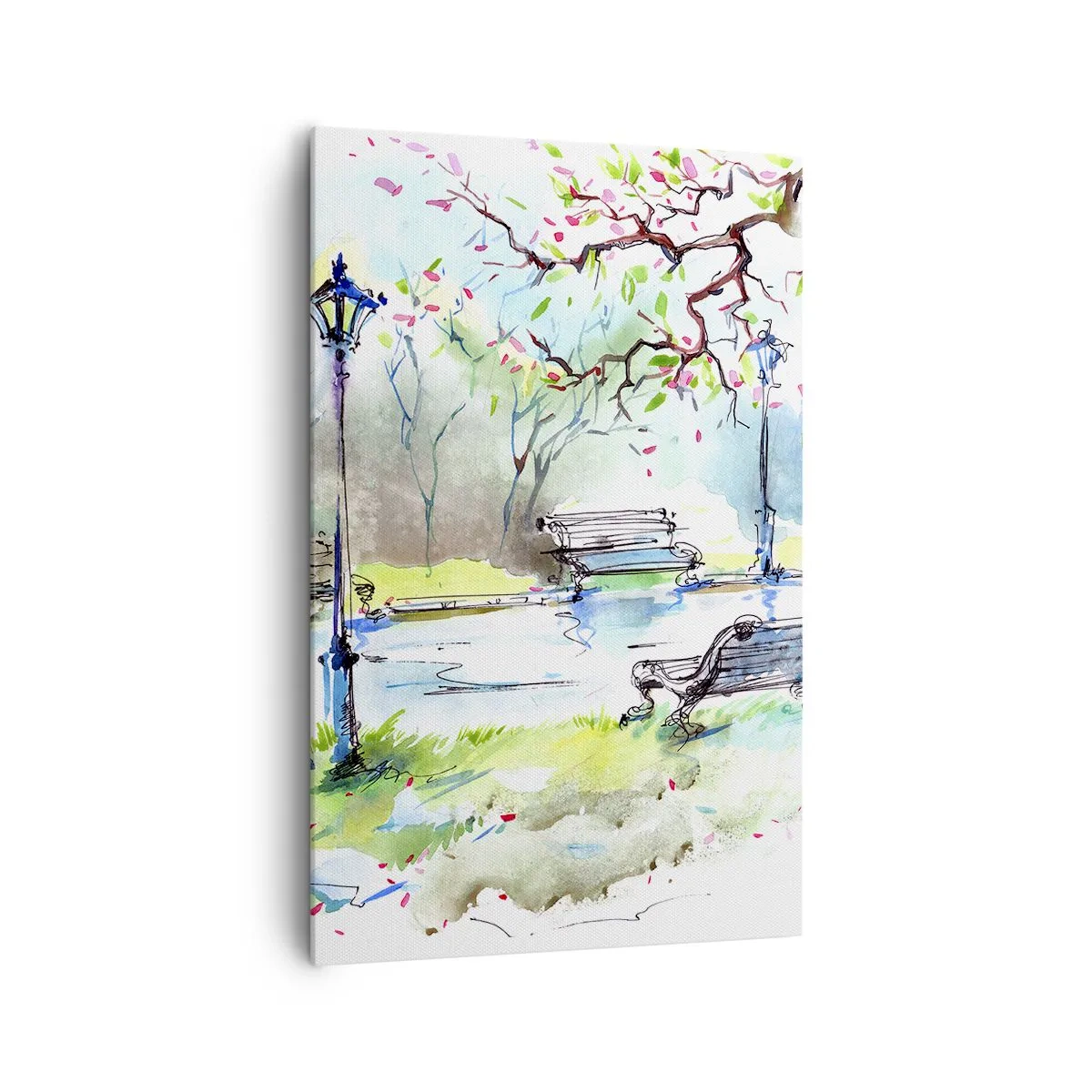 Impression sur toile - Image sur toile - Scène de parc à l'aquarelle avec bancs et lampes - 80x120cm - Le charme du silence d'un parc - Décoration murale moderne pour le salon et la chambre ARTTOR