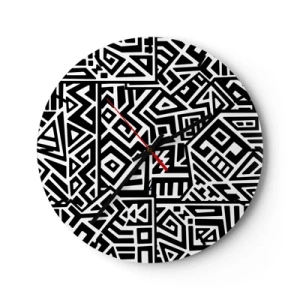 Horloge murale - Pendule murale - Composition en noir et blanc de motifs géométriques - 30x30cm - Composition précolombienne - Décoration murale moderne pour le salon, la cuisine et la chambre ARTTOR