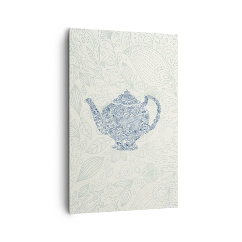 Impression sur toile - Image sur toile - Dessin décoratif d'une théière avec des ornements bleus - 80x120cm - Le charme du thé - Décoration murale moderne pour le salon et la chambre ARTTOR