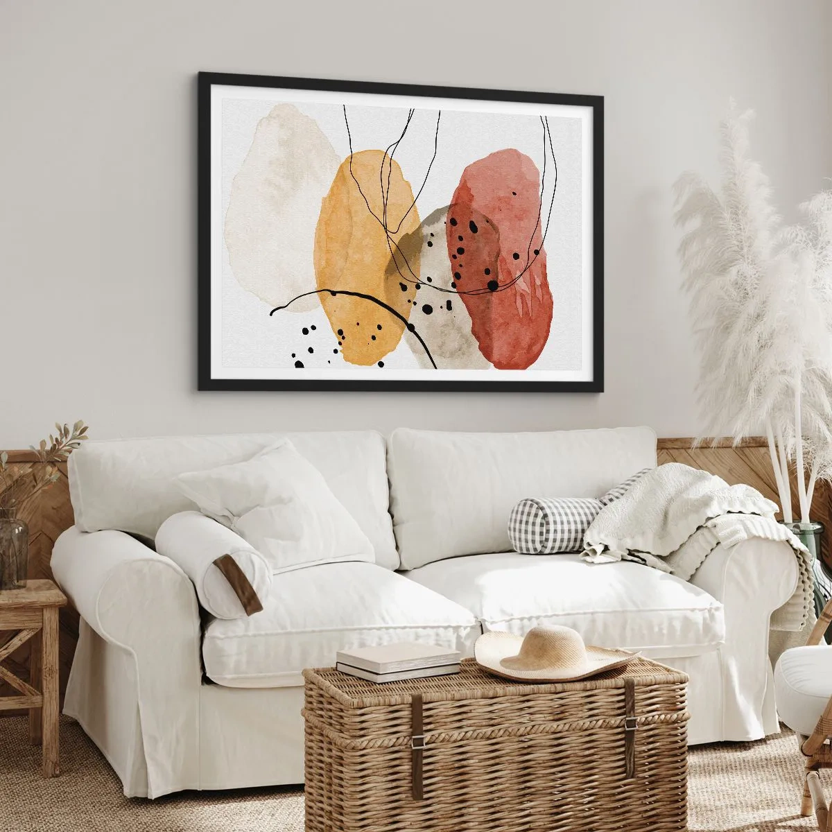 Affiche dans un cadre noir - Poster - Taches abstraites dans les tons beige, jaune et rouge - 70x50cm - Léger et transparent comme l'air - Décoration murale moderne pour le salon et la chambre ARTTOR