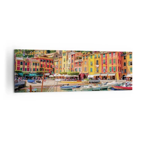 Impression sur toile - Image sur toile - Maisons de ville colorées et bateaux dans une ville balnéaire italienne - 160x50cm - Matinée italienne - Décoration murale moderne pour le salon et la chambre ARTTOR