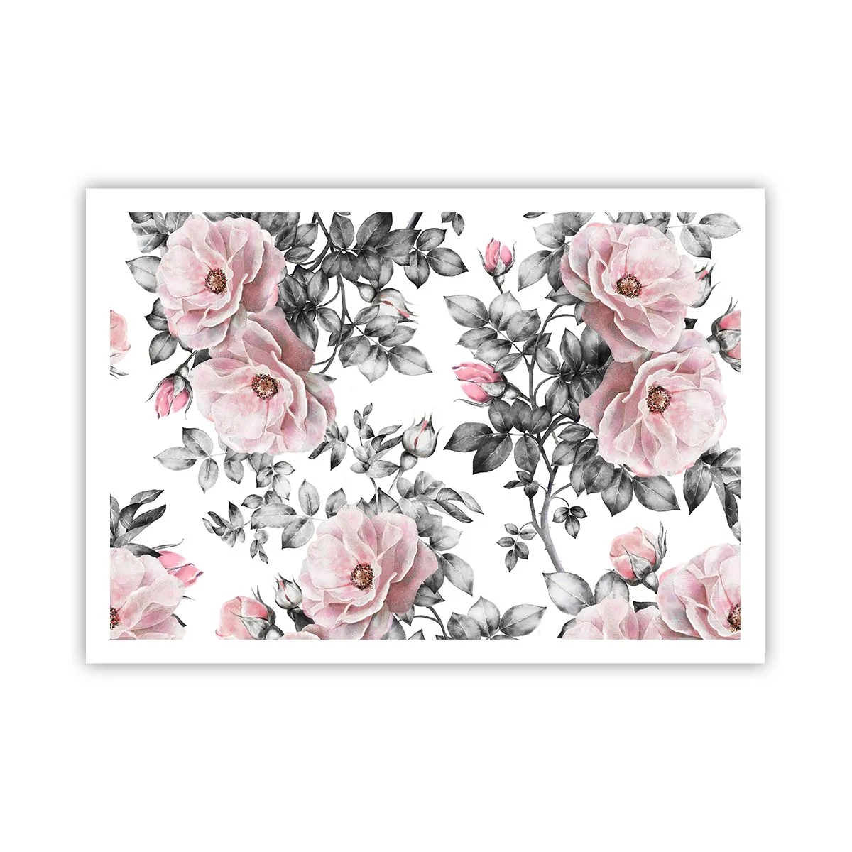 Affiche - Poster - Roses roses et feuilles sur un délicat fond noir et blanc - 100x70cm - Se perdre dans les fleurs des roses - Décoration murale moderne pour le salon et la chambre ARTTOR