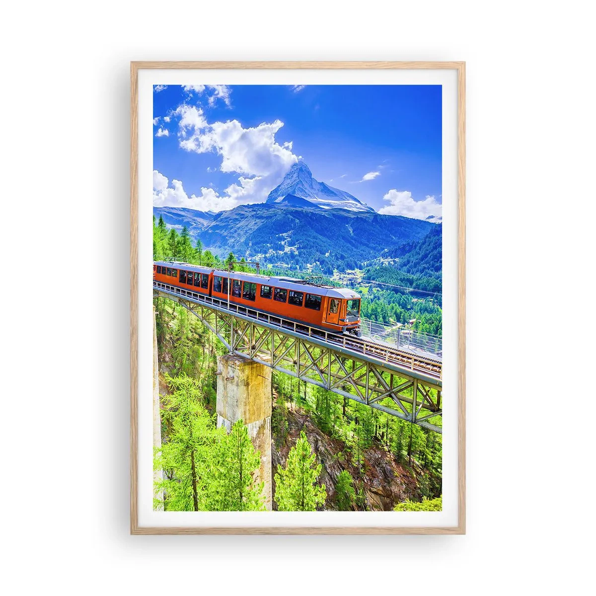 Affiche dans un chêne clair - Poster - Train dans les Alpes - 70x100 cm