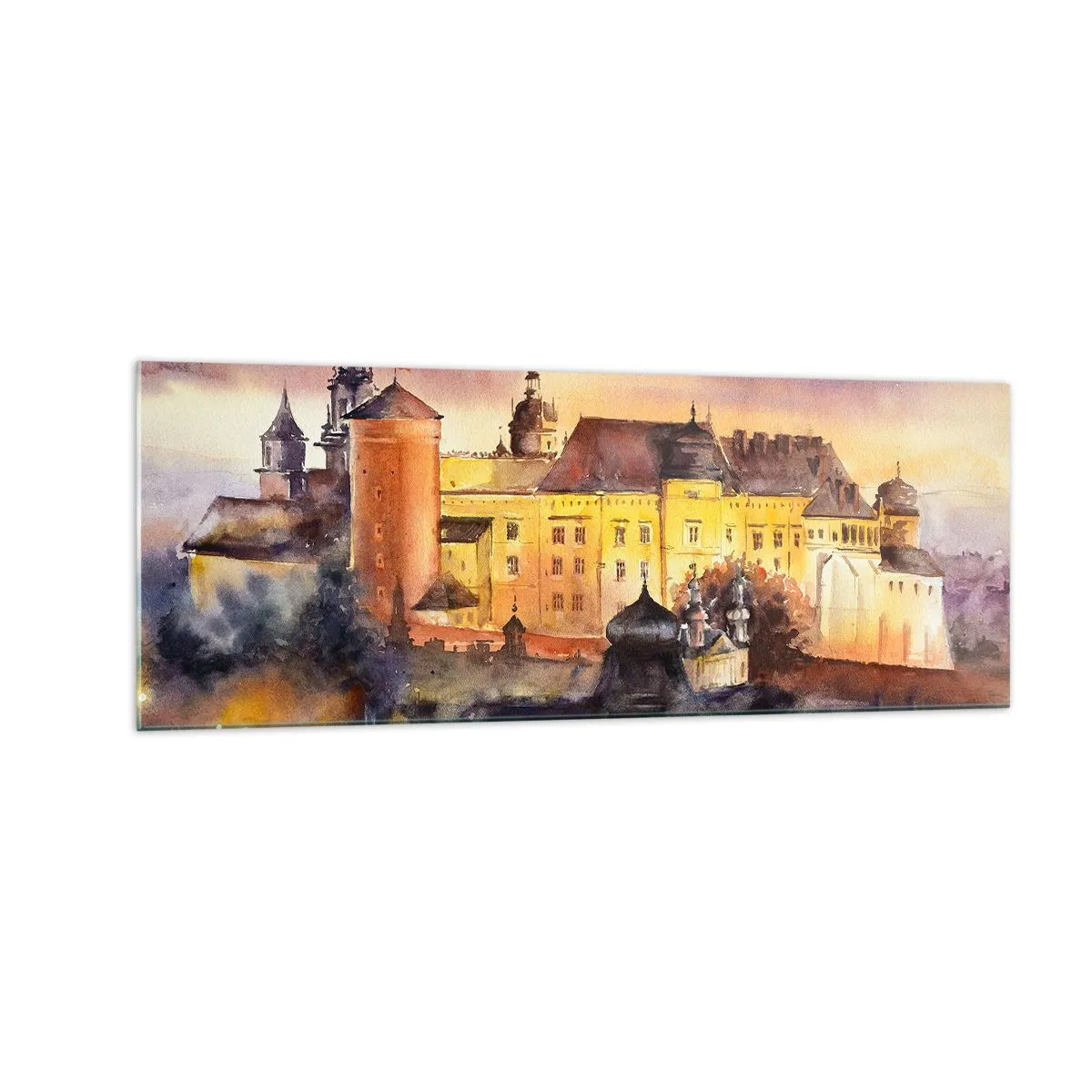 Impression sur verre - Image sur verre - Une aquarelle pittoresque d'un château au coucher du soleil - 140x50cm - Histoire et conte de fées - Décoration murale moderne pour le salon et la chambre ARTTOR