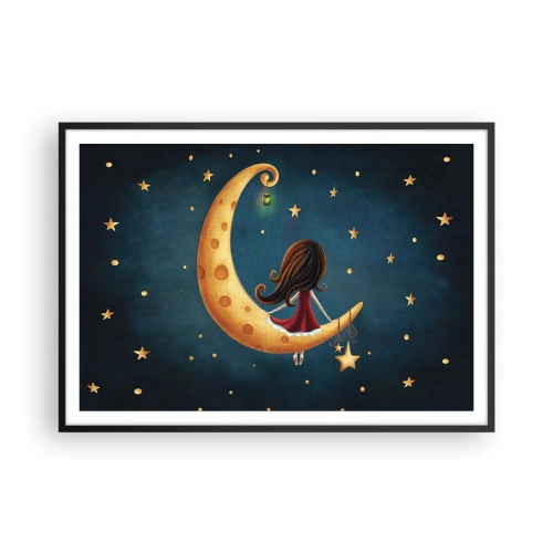 Affiche dans un cadre noir - Poster - Une fille sur la lune entourée d'étoiles - 100x70cm - Il était une fois... - Décoration murale moderne pour le salon et la chambre ARTTOR
