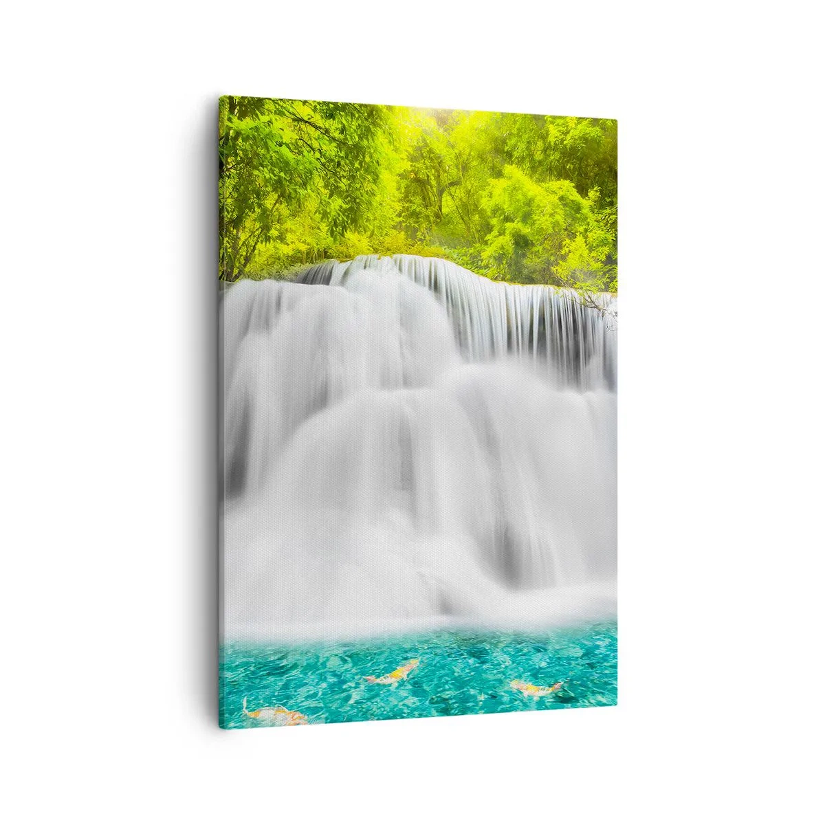 Impression sur toile - Image sur toile - Une cascade dans une forêt tropicale avec de l'eau turquoise - 50x70cm - Une cascade mousseuse du vert à l'azur - Décoration murale moderne pour le salon et la chambre ARTTOR