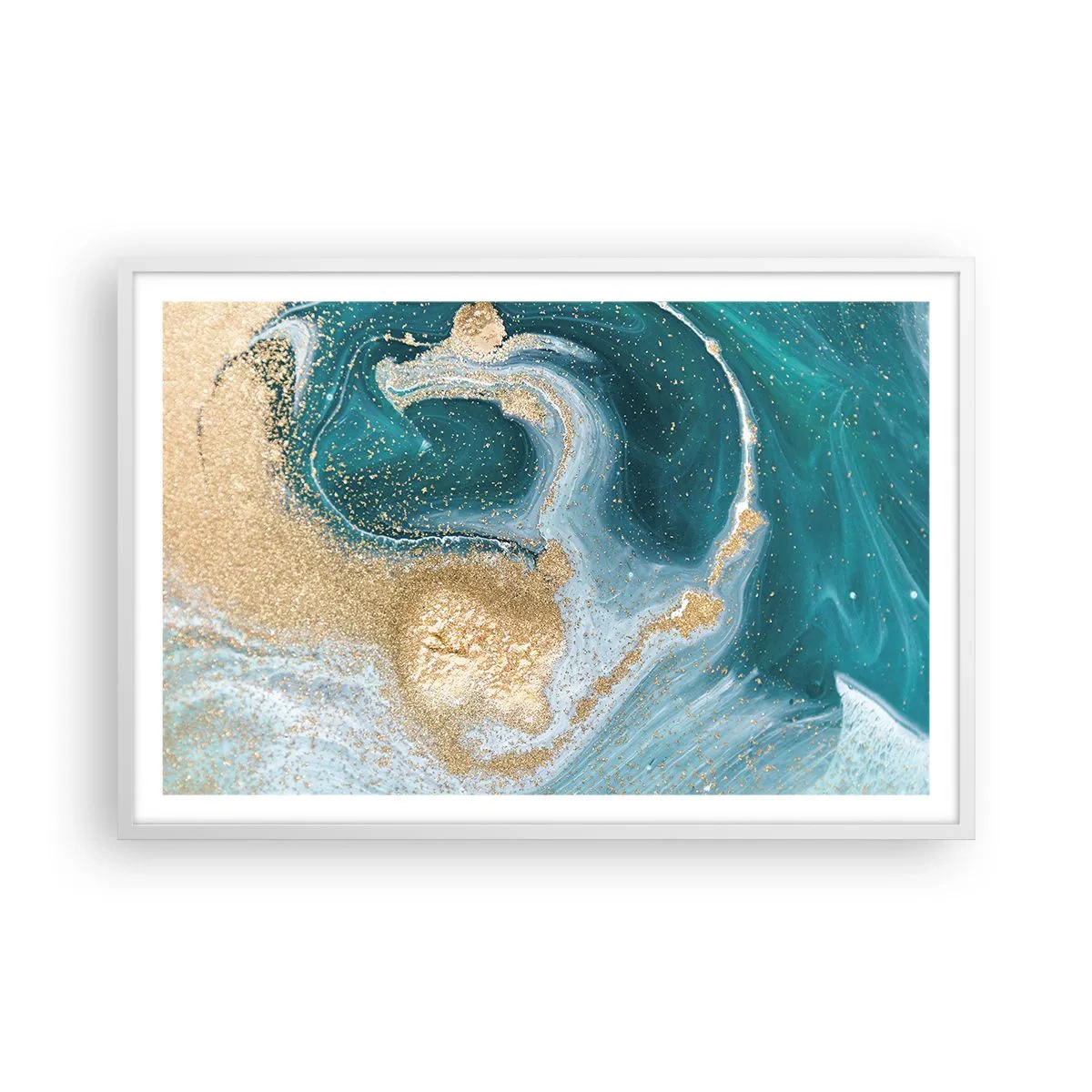 Affiche dans un cadre blanc - Poster - Tourbillon d'or et de turquoise - 91x61 cm