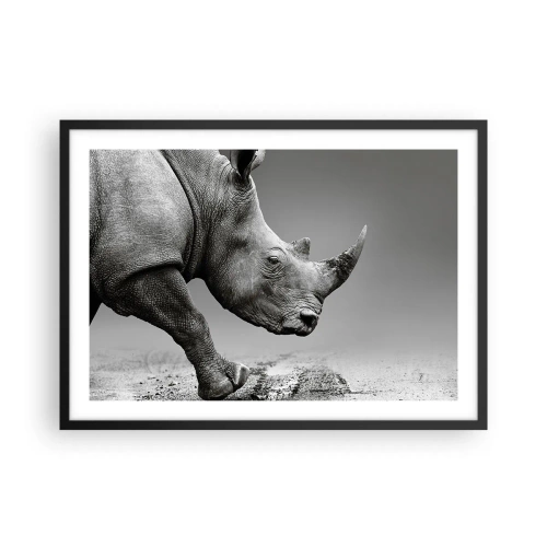 Affiche dans un cadre noir - Poster - Portrait d'un rhinocéros sur fond de désert gris - 70x50cm - Force inarrêtable - Décoration murale moderne pour le salon et la chambre ARTTOR