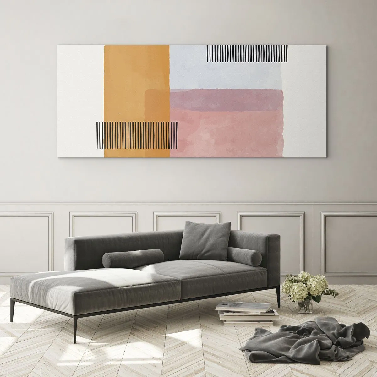 Impression sur verre - Image sur verre - Géométrie aux couleurs pastel avec des lignes sur fond clair - 160x50cm - D'un coin à l'autre - Décoration murale moderne pour le salon et la chambre ARTTOR