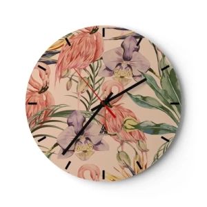 Horloge murale - Pendule murale - Flamants roses et fleurs sur fond beige - 30x30cm - Ballet rose dans les fleurs - Décoration murale moderne pour le salon, la cuisine et la chambre ARTTOR