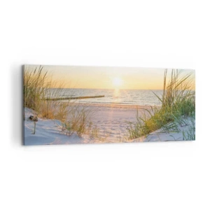 Impression sur toile - Image sur toile - Une plage de sable avec vue sur le coucher de soleil sur la mer - 120x50cm - Le bruit de la mer, le chant des oiseaux, une plage sauvage parmi les herbes… - Décoration murale moderne pour le salon et la chambre ART