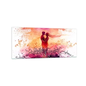 Impression sur verre - Image sur verre - Un couple s'embrassant sur un motif abstrait rose et orange - 120x50cm - Un coeur! Je n'ai pas besoin de beaucoup… - Décoration murale moderne pour le salon et la chambre ARTTOR