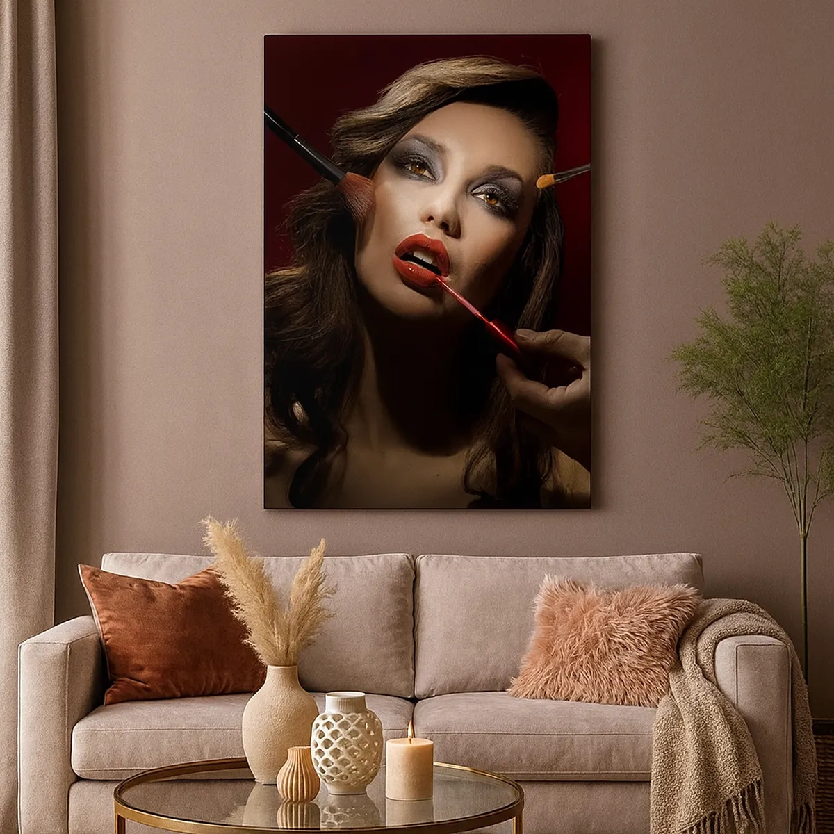 Impression sur toile - Image sur toile - Portrait élégant d'une femme se maquillant sur un fond sombre - 50x70cm - Belle rêveuse - Décoration murale moderne pour le salon et la chambre ARTTOR