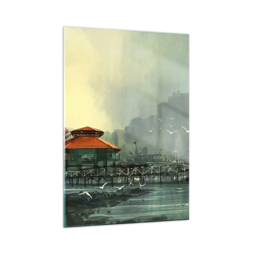 Impression sur verre - Image sur verre - Bâtiments portuaires aux toits rouges contre le brouillard - 50x70cm - Une journée ensoleillée au port - Décoration murale moderne pour le salon et la chambre ARTTOR