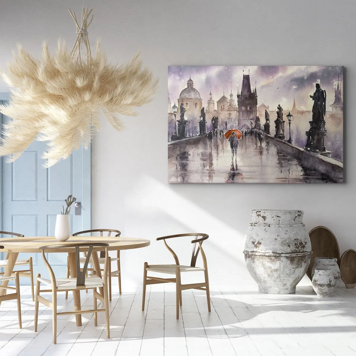 Impression sur toile - Image sur toile - Vue romantique d'un pont avec un parapluie sur fond de ville en soirée - 120x80cm - Les gens ne changent pas - Décoration murale moderne pour le salon et la chambre ARTTOR