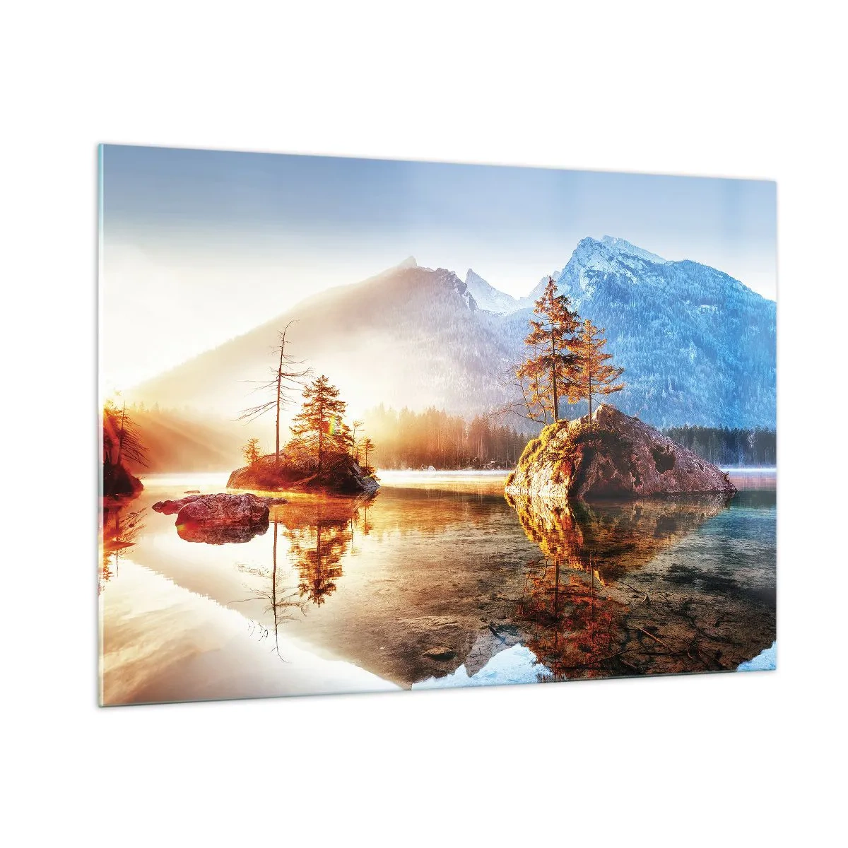 Impression sur verre - Image sur verre - Paysage de montagne le matin avec des arbres et un reflet dans le lac - 100x70cm - La nature sous un nouveau jour - Décoration murale moderne pour le salon et la chambre ARTTOR