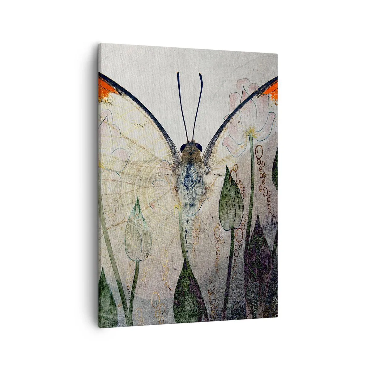 Impression sur toile - Image sur toile - Un papillon aux ailes orange sur un fond de fleurs stylisées. - 50x70cm - "Où est le papillon qui se balance sur l'herbe" - Décoration murale moderne pour le salon et la chambre ARTTOR