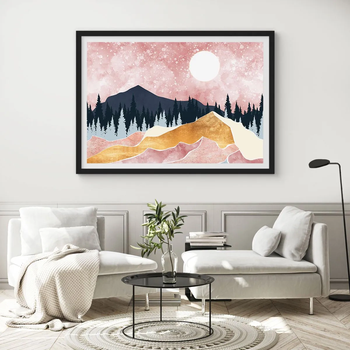 Affiche dans un cadre noir - Poster - Montagnes colorées contre un ciel rose avec une lune - 100x70cm - Gardien de la nuit - Décoration murale moderne pour le salon et la chambre ARTTOR
