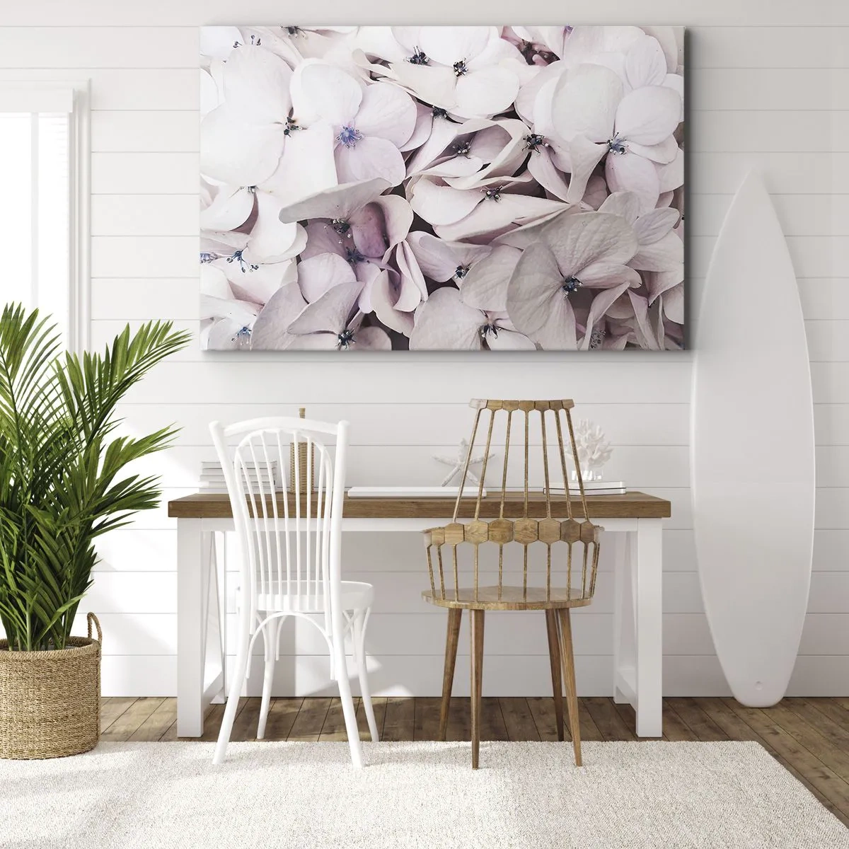 Impression sur toile - Image sur toile - Hortensias blancs délicats aux tons pastel - 70x50cm - Dans un flot de fleurs - Décoration murale moderne pour le salon et la chambre ARTTOR