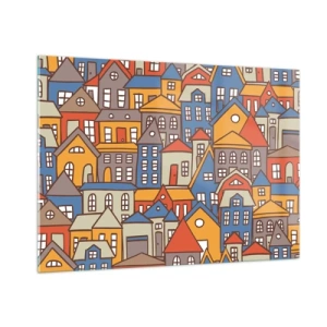 Impression sur verre - Image sur verre - Des maisons colorées dans un style graphique créent un paysage joyeux - 100x70cm - Derrière la maison, une maison - Décoration murale moderne pour le salon et la chambre ARTTOR
