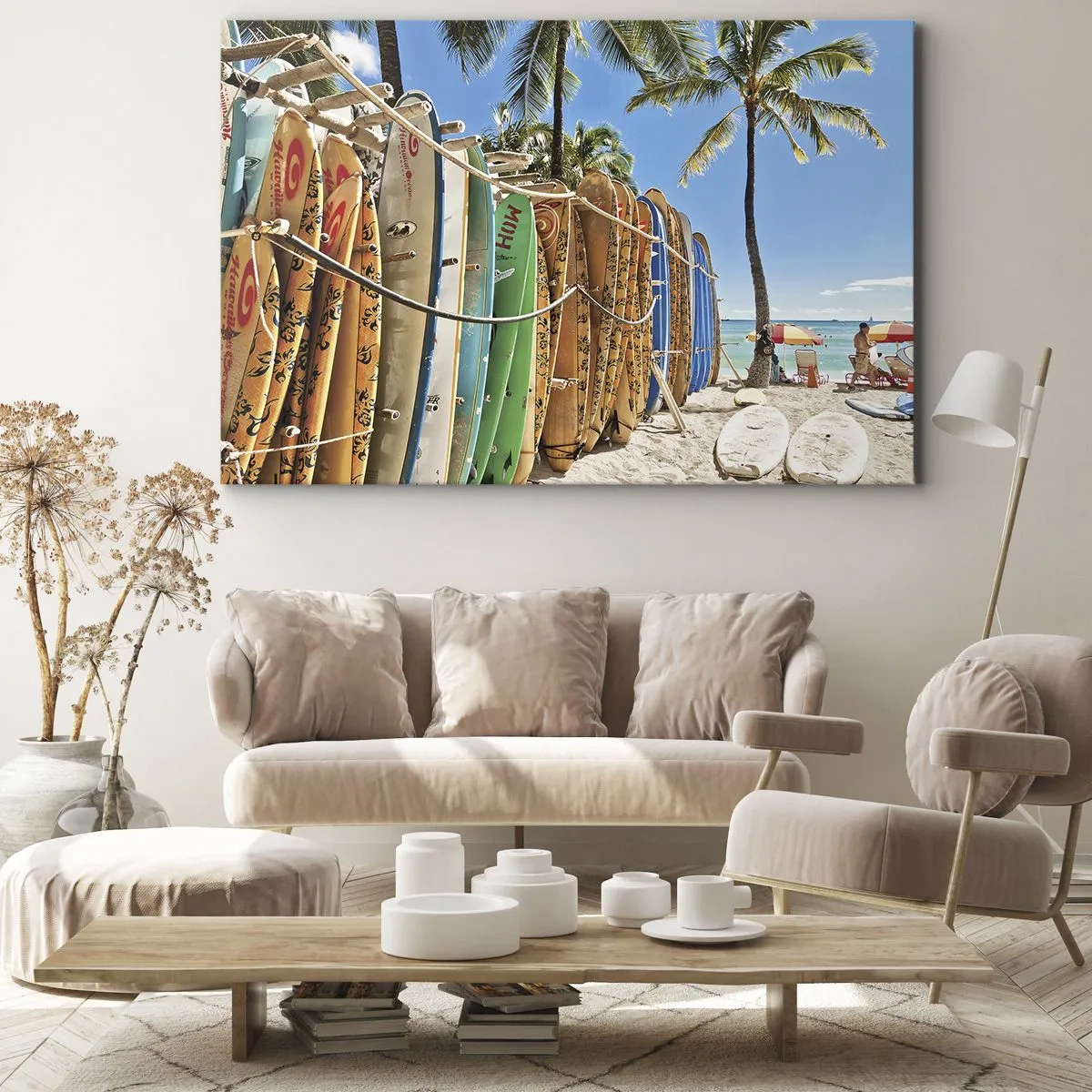 Impression sur toile - Image sur toile - Planches de surf sur une plage avec des palmiers - 100x70cm - Jeux ensoleillés - Décoration murale moderne pour le salon et la chambre ARTTOR