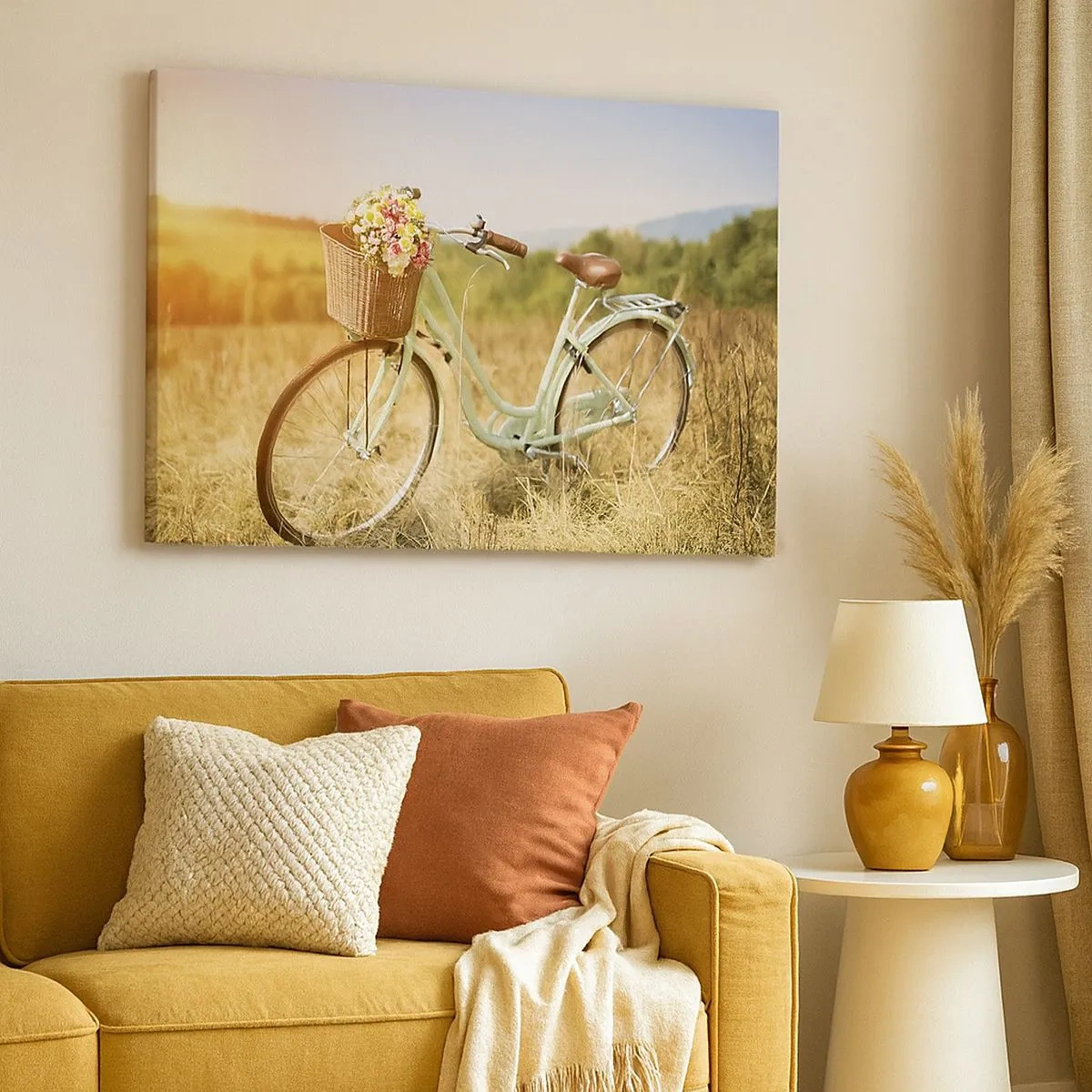 Impression sur toile - Image sur toile - Un vélo rétro avec un panier rempli de fleurs sur fond de prairie. - 70x50cm - Je vais rester un petit moment - Décoration murale moderne pour le salon et la chambre ARTTOR
