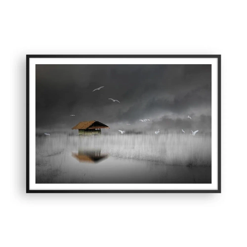 Affiche dans un cadre noir - Poster - Un chalet solitaire sur l'eau entouré de brouillard et d'oiseaux - 100x70cm - A l'abri de la pluie - Décoration murale moderne pour le salon et la chambre ARTTOR