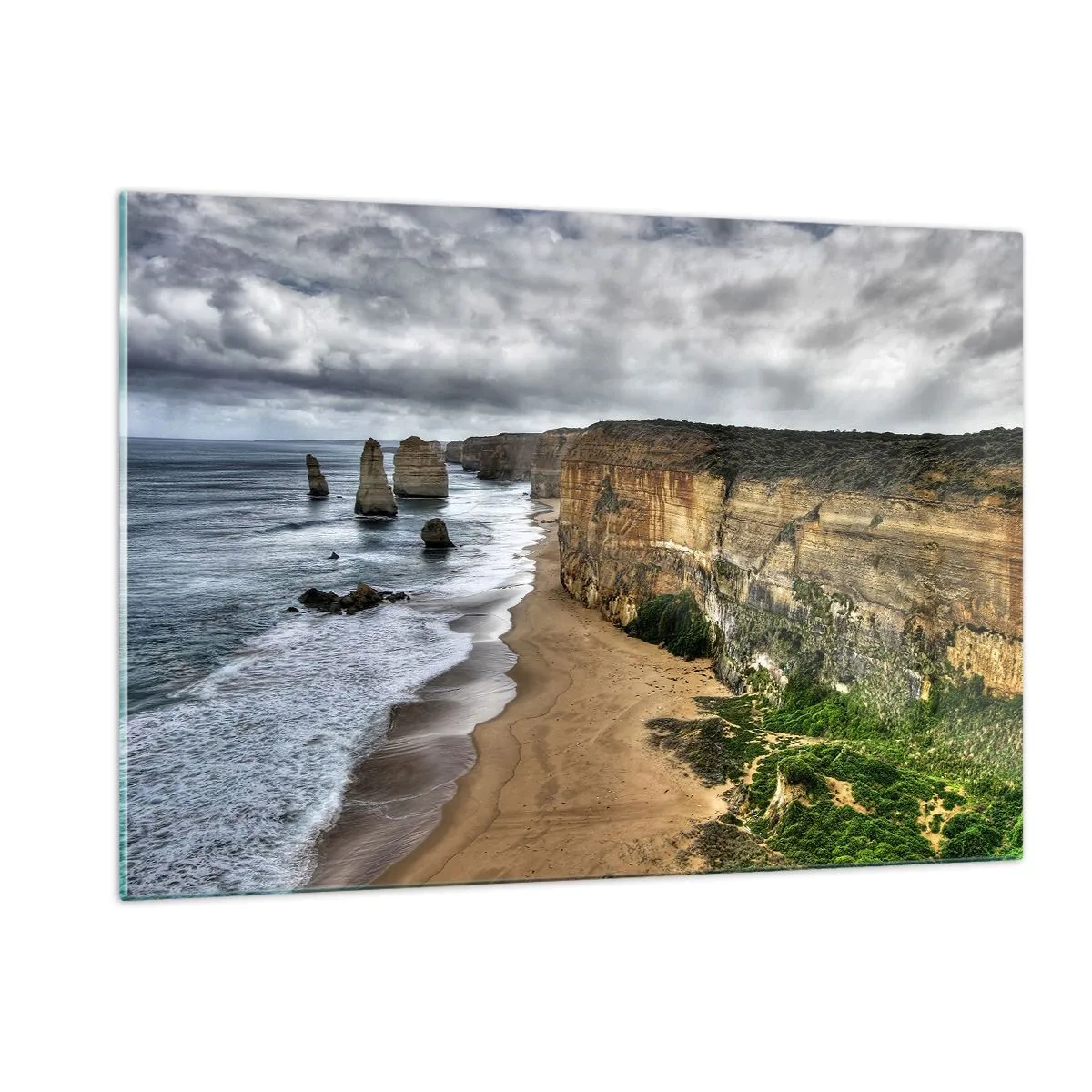Impression sur verre - Image sur verre - Falaises surplombant l'océan et la plage sous un ciel nuageux - 120x80cm - Beauté brute - Décoration murale moderne pour le salon et la chambre ARTTOR