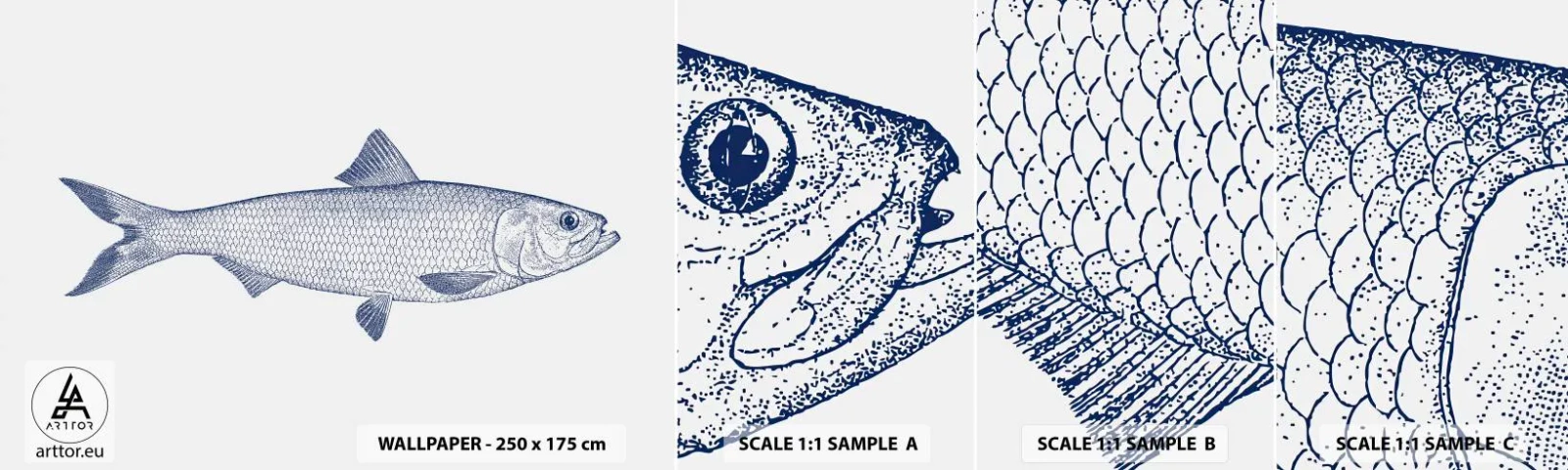 Échantillon De Papier Peint Standard Eco - Salutations des mers du nord - Poisson, Animal marin, Style bord de mer - 100x30 cm