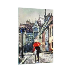Impression sur verre - Image sur verre - Une charmante rue de la ville avec un couple sous un parapluie rouge - 80x120cm - Pluie pour deux - Décoration murale moderne pour le salon et la chambre ARTTOR