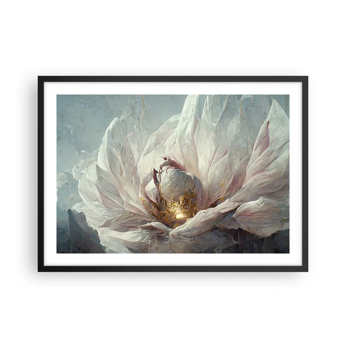Affiche dans un cadre noir - Poster - Une fleur blanche délicate avec de subtils accents dorés - 70x50cm - Il fleurit une fois tous les cent ans - Décoration murale moderne pour le salon et la chambre ARTTOR
