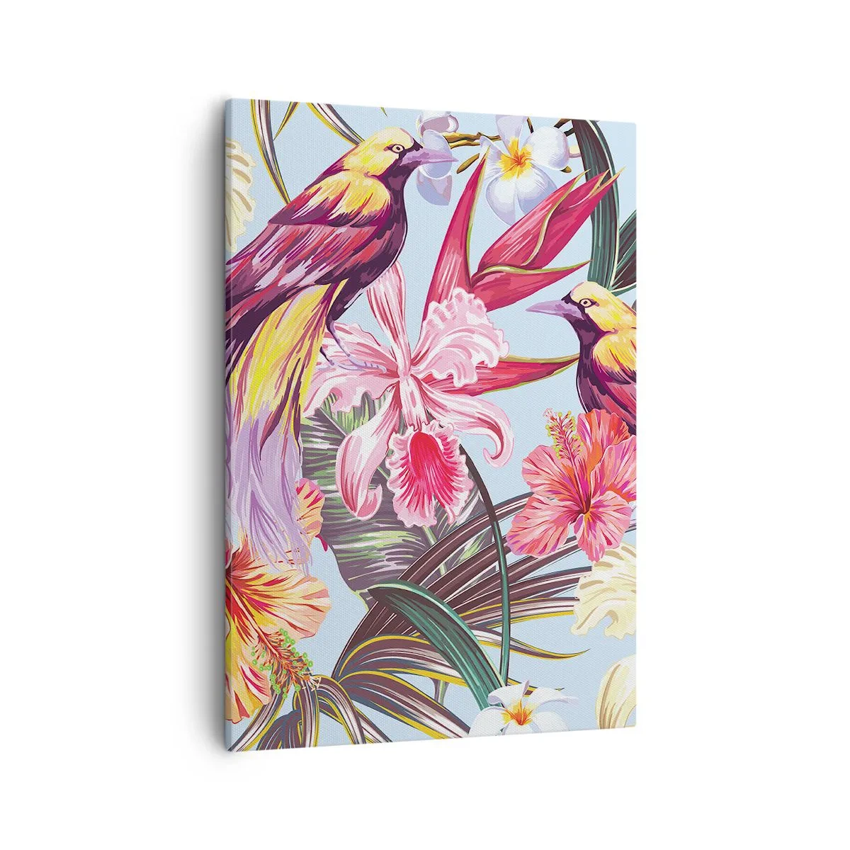 Impression sur toile - Image sur toile - Oiseaux exotiques parmi les fleurs tropicales - 50x70cm - Pétales et plumes - Décoration murale moderne pour le salon et la chambre ARTTOR