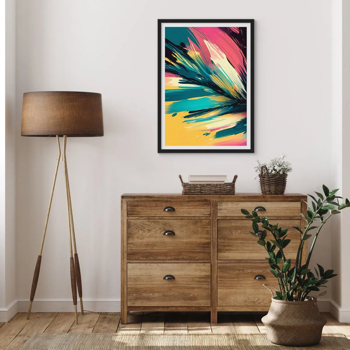 Affiche dans un cadre noir - Poster - Une explosion abstraite de couleurs dans un arrangement dynamique - 50x70cm - Composition – une explosion de joie - Décoration murale moderne pour le salon et la chambre ARTTOR
