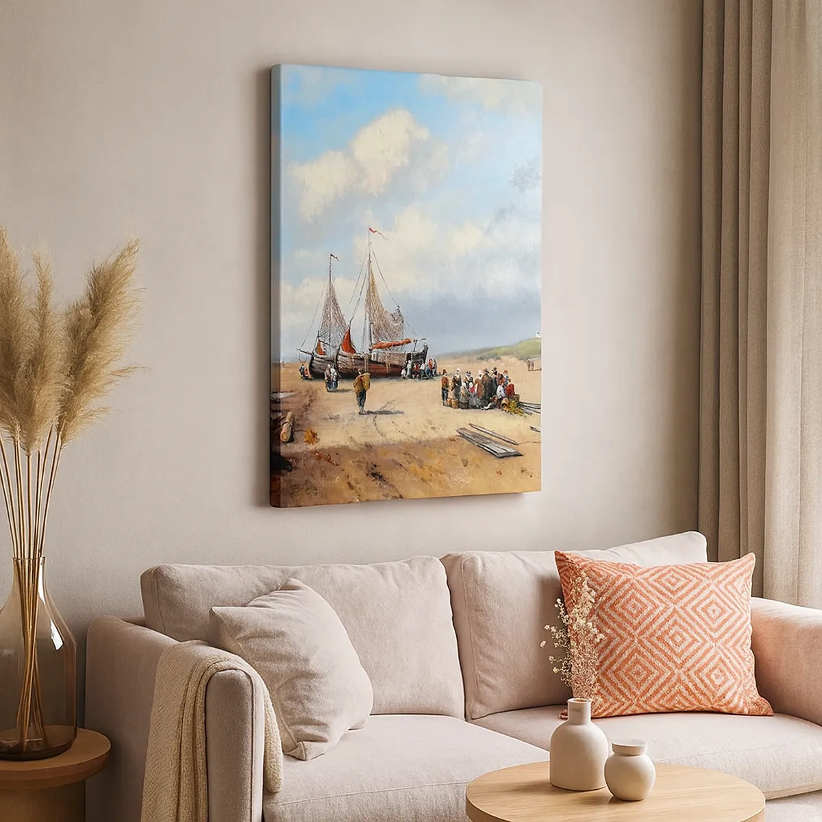 Impression sur toile - Image sur toile - Bateaux de pêche sur la plage avec des figures humaines - 50x70cm - Après une capture réussie - Décoration murale moderne pour le salon et la chambre ARTTOR