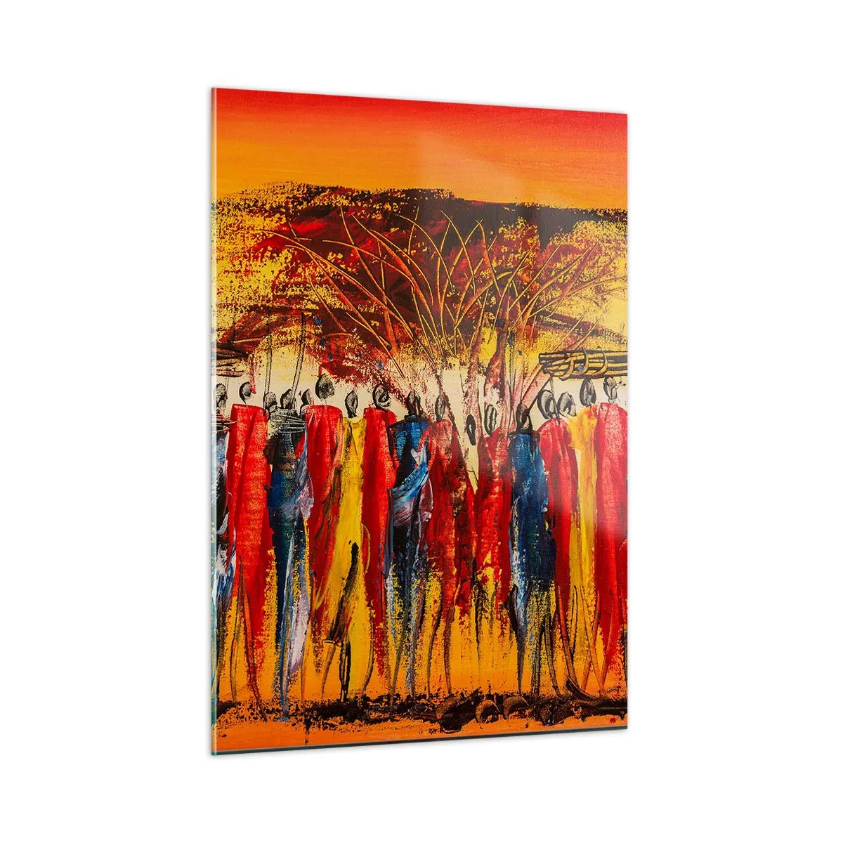 Impression sur verre - Image sur verre - Une scène colorée avec des gens en costumes traditionnels africains - 50x70cm - Là-bas, là-bas, ils vont là-bas - Décoration murale moderne pour le salon et la chambre ARTTOR