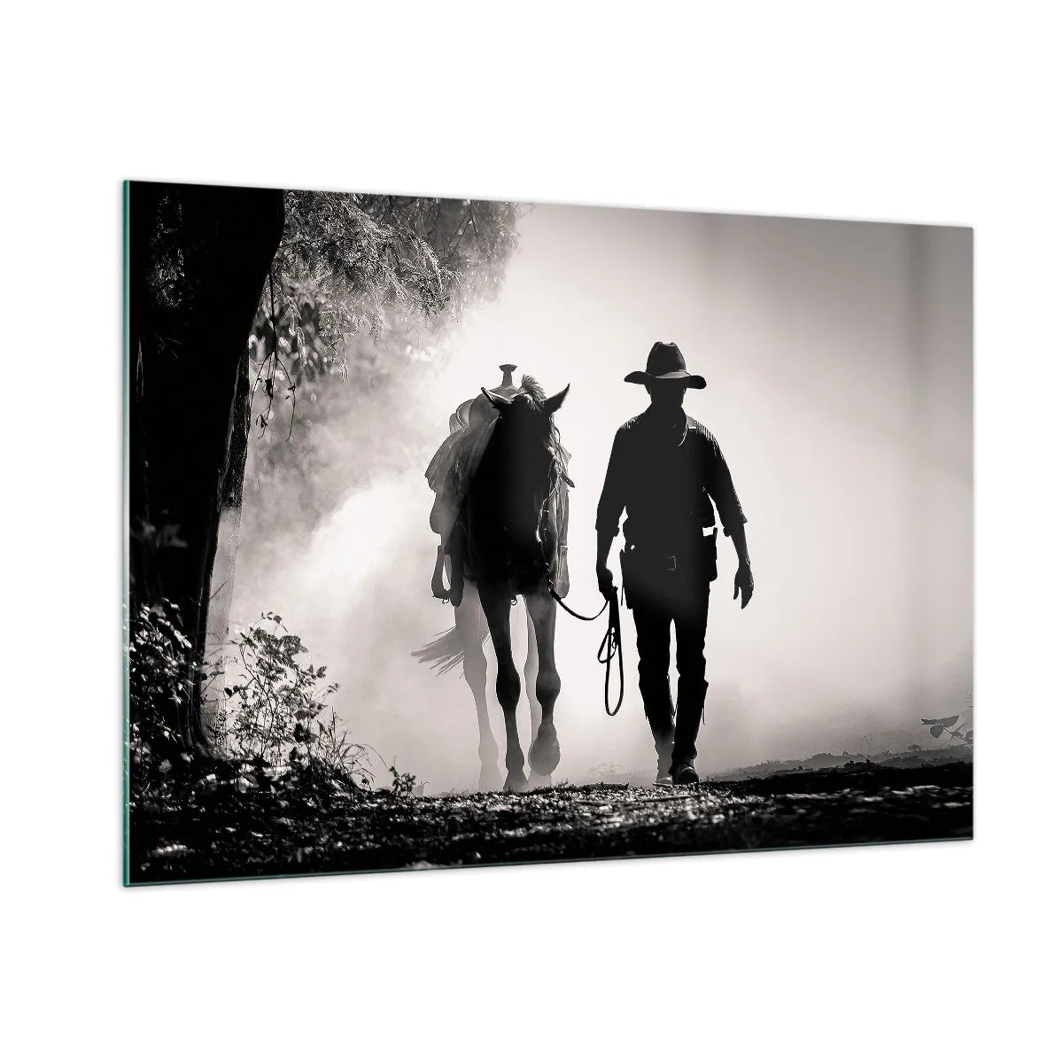 Impression sur verre - Image sur verre - Silhouette d'un cow-boy conduisant un cheval à travers un paysage brumeux - 100x70cm - Matinée texane - Décoration murale moderne pour le salon et la chambre ARTTOR