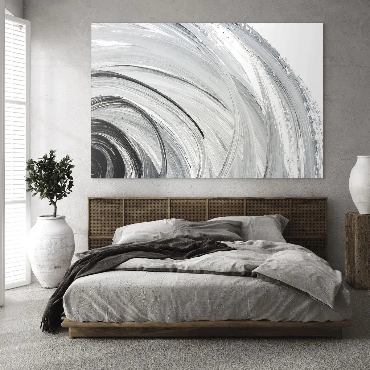 Impression sur verre - Image sur verre - Une spirale noire et blanche avec des coups de pinceau dynamiques. - 100x70cm - Composition orbitale - Décoration murale moderne pour le salon et la chambre ARTTOR