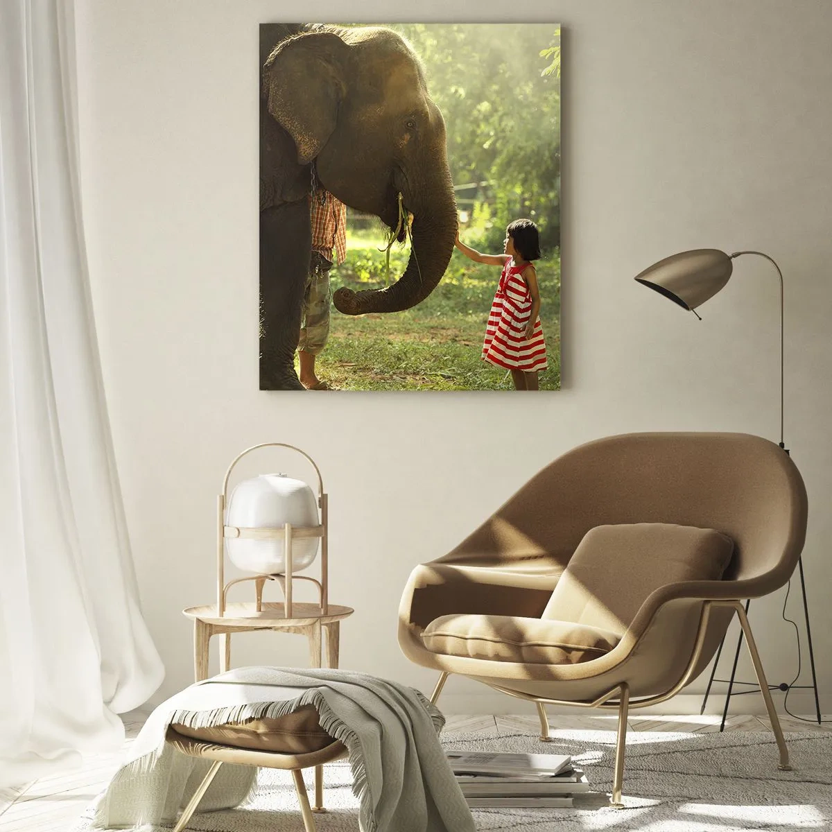 Impression sur verre - Image sur verre - Une fille en robe rouge touchant un éléphant dans la forêt. - 80x120cm - La force de l'amitié - Décoration murale moderne pour le salon et la chambre ARTTOR