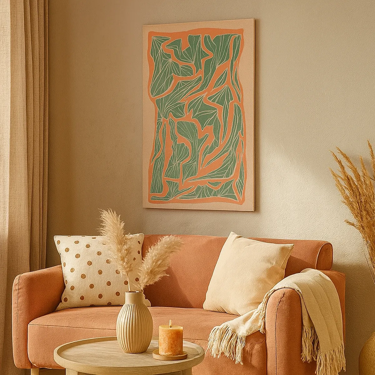 Impression sur toile - Image sur toile - Un motif végétal dans les tons de vert et d'orange - 50x70cm - La lutte entre le corail et la verdure - Décoration murale moderne pour le salon et la chambre ARTTOR