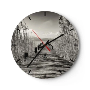Horloge murale - Pendule murale - Un pont en bois parmi l'herbe menant au lac - 30x30cm - Dans le calme de l'herbe - Décoration murale moderne pour le salon, la cuisine et la chambre ARTTOR