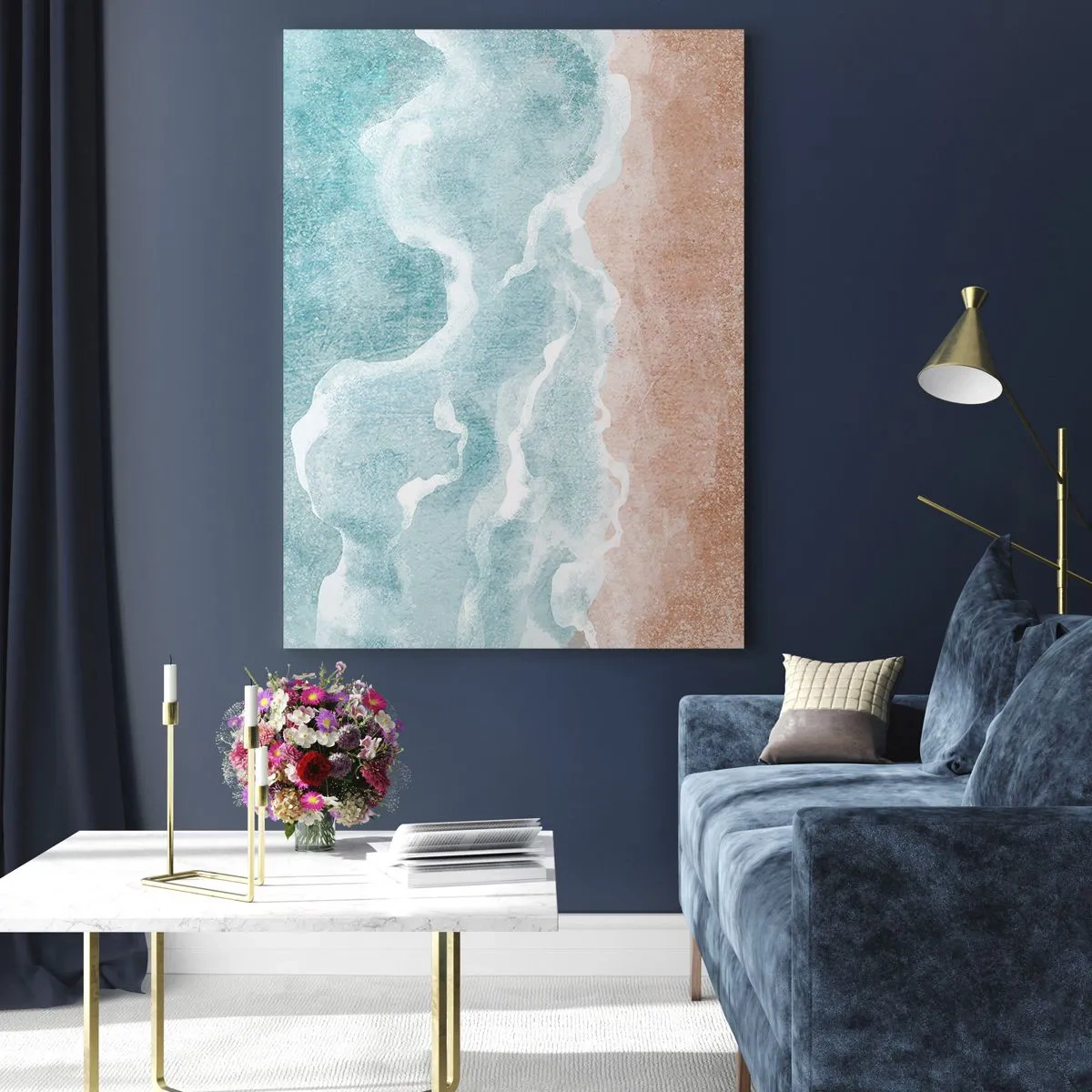 Impression sur verre - Image sur verre - Plage abstraite avec des vagues dans les tons bleus et beiges - 80x120cm - Abstraction du nuage - Décoration murale moderne pour le salon et la chambre ARTTOR