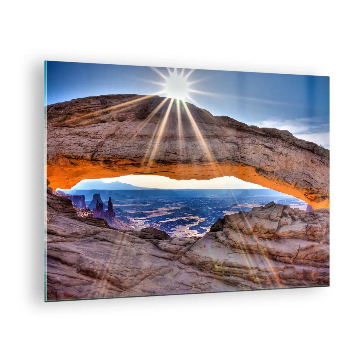 Impression sur verre - Image sur verre - Arche rocheuse avec rayons de soleil sur fond de paysage - 70x50cm - Par la porte rocheuse - Décoration murale moderne pour le salon et la chambre ARTTOR