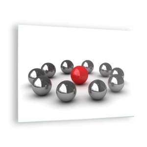 Impression sur verre - Image sur verre - Une boule rouge entourée d'argent sur fond blanc - 70x50cm - Un cercle en argent et rouge - Décoration murale moderne pour le salon et la chambre ARTTOR